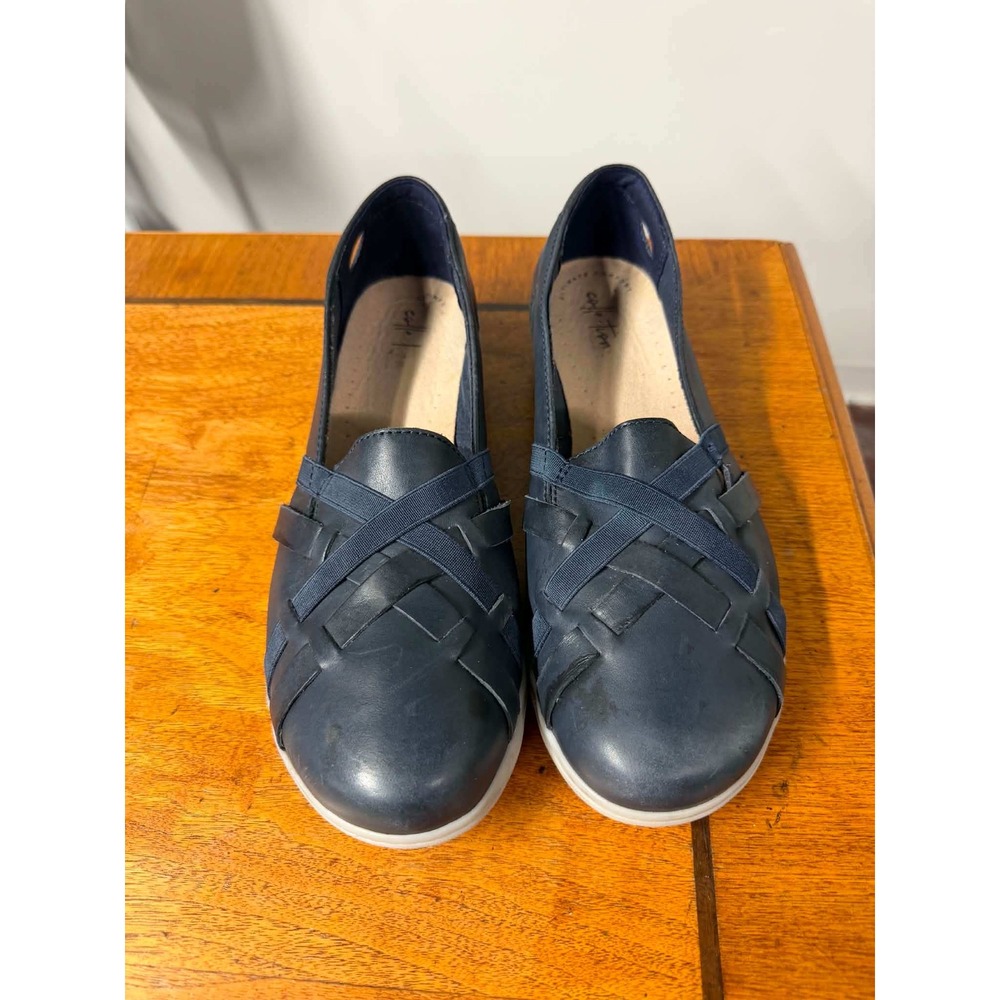 Clarks Womens 11 Cheyn Creek Navy Blue Leather Slip On Shoes CloudSteppers Woven